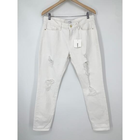 FRAME Le Garçon Straight Leg Ripped Rumpled Blanc Distressed Boyfriend Jeans - Picture 6 of 12